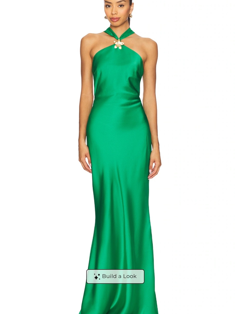 Twisted Halter Emerald Satin Maxi Dress with Floral Accent